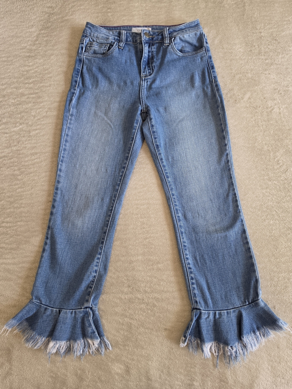 Cello Light Blue Denim Flare Jeans with Frayed Ruffle Hem